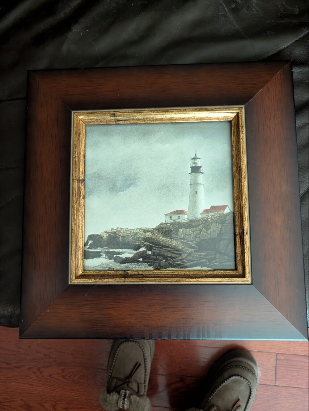 Coastal Lighthouse Wall Art in Gold and Brown Frame